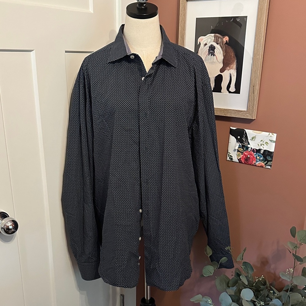 Saks Fifth Avenue Black Classic Navy White Polka Dot button up XXL cotton Shirt